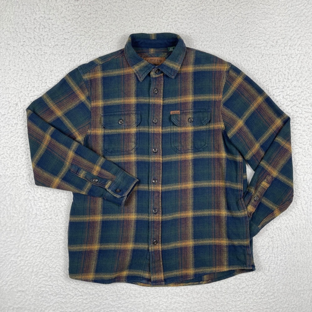Orvis Flannel Shirt Mens Small Blue Green Plaid Cotton Button Down Shacket